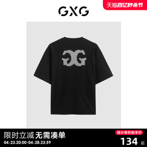 GXG男装    黑色精致绣花简约休闲圆领短袖T恤男士上衣24年夏新品