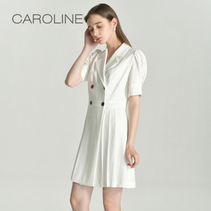 CAROLINE卡洛琳春季新款通勤OL西装领短袖收腰连衣裙