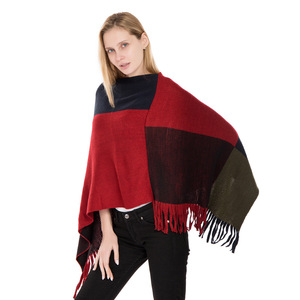 红色格子围巾大方格拼色针织保暖披肩秋冬新款仿羊绒流苏套头斗篷