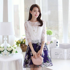 韩版印花裙两件套夏季中长款蕾丝白裙子欧根纱吊带裙A字裙套装