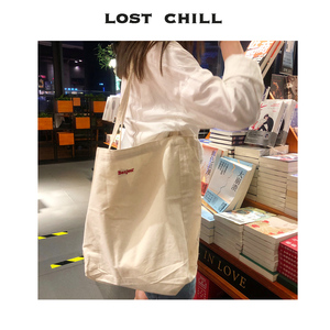 Lost Chill-刺绣法式极简bonjour大容量环保帆布包袋北欧小众女包