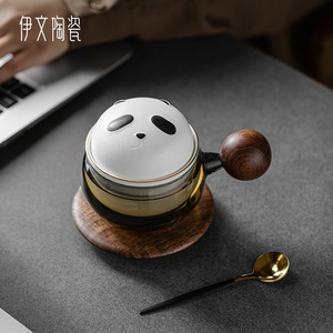 伊文陶瓷熊猫带盖过滤玻璃泡茶杯高颜值咖啡杯碟套装办公茶水分离