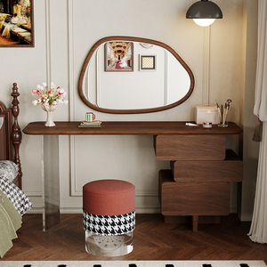 法式复古风实木梳妆台可伸缩卧室床边斗柜网红款美式胡桃木化妆桌