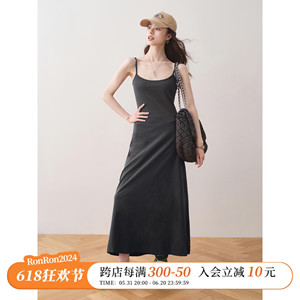 ron法式修身显瘦纯棉吊带裙2024夏季新款纯色长裙