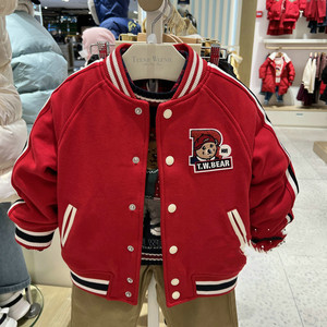 TW23春款小熊男童装加棉棒球服红色新年洋气夹克外套TKJP231103K