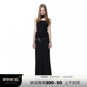 ALINNV原创 黑色针织修身抹胸连衣裙女夏季新款气质高腰裹胸长裙