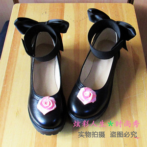 ◆蔷薇少女の真红cosplay鞋◆蝴蝶结圆头粗跟洛丽塔单鞋◆大码鞋