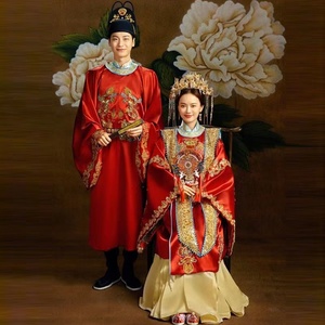 中式婚礼婚服出租新郎新娘汉婚服饰明制立领长袄霞帔拖尾圆领古装