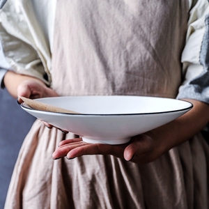 小脚碗斗笠碗喇叭碗盆创意宽口盘子大号敞口拉面碗日式白瓷色10寸