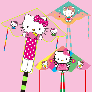 潍坊风筝卡通儿童可爱Kitty猫风筝 微风易飞三角长尾风筝线轮套餐
