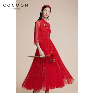 MISSCOCOON商场同款连衣裙23秋新款经典大红色盘扣设计网纱连衣裙