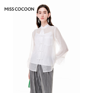 MISSCOCOON【赋美东方】24夏新款新中式鸵鸟毛流苏盘扣欧根纱衬衫