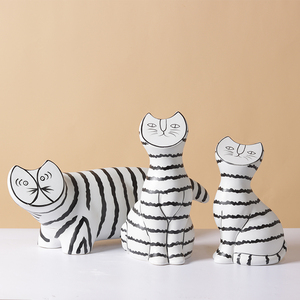 现代北欧意式极简卡通黑白条纹陶瓷平脸猫摆件家居样板房软装饰品