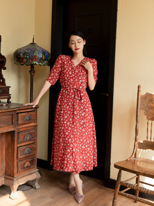 16姆米红色真丝双绉复古短袖连衣裙一片式系带中长裙裹裙茶歇裙