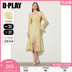 DPLAY2024夏季法式黄色连衣裙裙子荷叶边长袖连衣裙女度假长裙