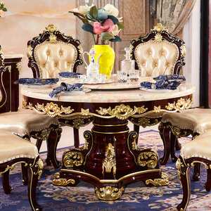 欧式餐桌美式全实木旋转圆桌新古典红檀色描金大理石面餐厅餐桌椅