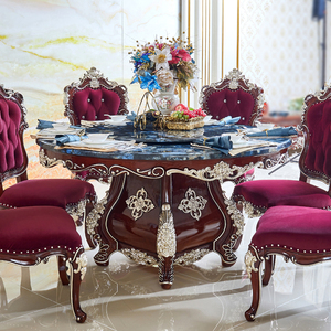 欧式餐桌美式全实木旋转圆桌新古典拉菲红金箔大理石面餐厅餐桌椅