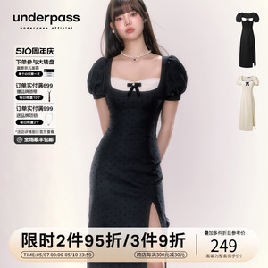 Underpass原创设计黑色法式千金风泡泡袖侧开叉长款收腰连衣裙子