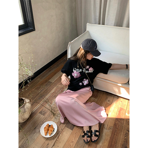 老丢家【富士山下樱花】粉色花朵设计感上衣圆领短袖宽松T恤 2色