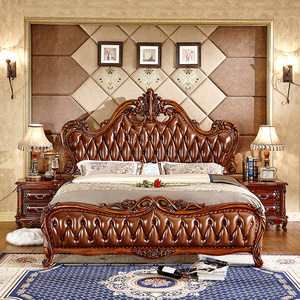 新款欧式实木雕花头层牛皮高档卧室家具 真皮1.8米高箱结婚太子床