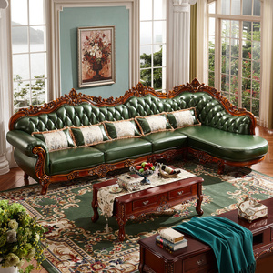 新品欧式真皮转角沙发美式实木雕花皮艺大小户型客厅组合家具包邮