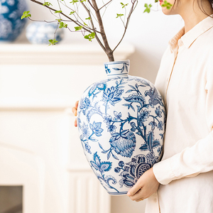 新中式青花瓷花瓶釉下彩1300℃高温摆件客厅玄关柜家居插花高级感
