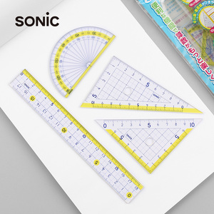 日本SONIC索尼克透明直尺学生用考试测量半圆仪量角器尺子三角板