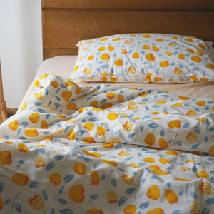 丘山生活 橙色花朵纯棉水洗棉床单被罩四件套三女生宿舍日系暖色