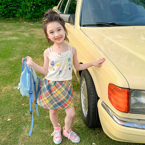 女童夏季套装2024新款女宝韩版洋气儿童夏装吊带多巴胺裙裤两件套