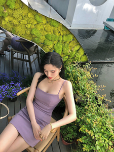 【小Q家】紫色镂空短款包臀礼服连衣裙女夏季晚宴气质小礼服裙