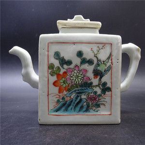 大清同治年制粉彩瓷器方形茶壶清代四方水壶明清陶瓷摆件古董旧货