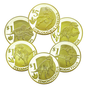 一套恐龙金币侏罗纪恐龙纪念币 霸王龙硬币翼龙收藏外币动物金币