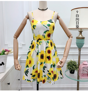 夏季吊带向日葵花朵图案度假棉质连衣裙
