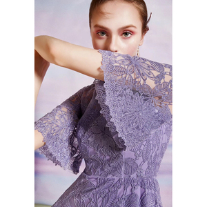紫霞仙子 金丝线重工蕾丝礼服连衣裙高贵紫色喇叭袖长款收腰大摆