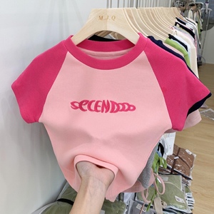 亲子女童短袖T恤夏季2023新款韩版宝宝洋气时髦短款上衣辣妹拼色