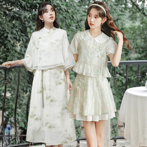 新中式民国风改良版日常汉服元素连衣裙夏学生少女小个子闺蜜套装