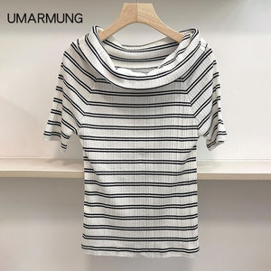 UMARMUNG 品牌服装夏季新款韩版修身条纹高领短袖T恤女半袖8016