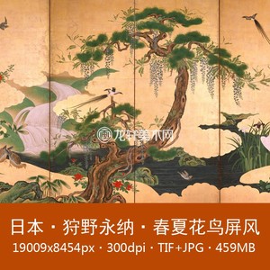 狩野永纳 春夏花鸟图屏风 日本画 工笔花鸟画六折屏风 电子图素材