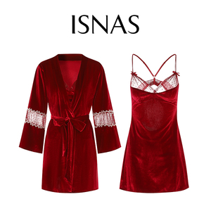 法国 ISNAS 新款睡衣性感丝绒纯欲红色吊带睡裙休闲家居服套装