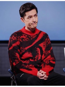 本命年正红色毛衣男冬季抽象设计感套头宽松半高领100%羊绒衫男