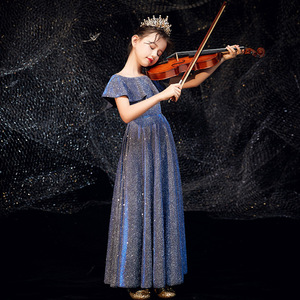 儿童礼服小提琴表演优雅蓝色女童高级洋气钢琴考级亮片走秀演出服