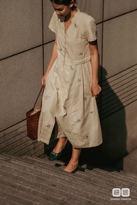 国内代购 渔牌正品 FGHA0021 刺绣 立领短袖长款连衣裙 吊牌1998