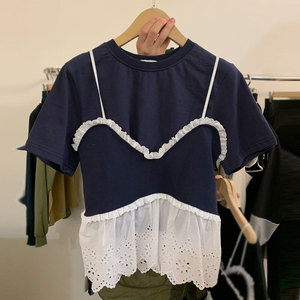 时尚套装蕾丝拼接吊带背心女春夏新款韩版宽松短袖T恤两件套上衣