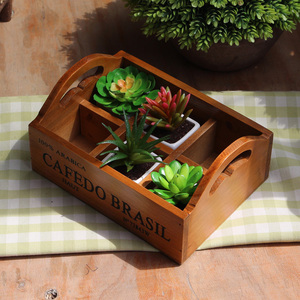 复古木质多肉植物花盆组合盆栽多肉木盒子 创意格子花盆带提手
