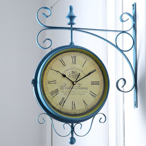美式乡村地中海风格装饰双面复古挂钟两面铁艺客厅金属静音钟表