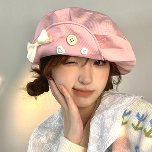 WN帽子大版型云朵贝雷帽女日系甜美蝴蝶结多巴胺女孩八角帽显脸小