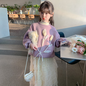 女大童秋冬装花朵加绒毛衣套装2023洋气女孩网纱半身裙加厚两件套