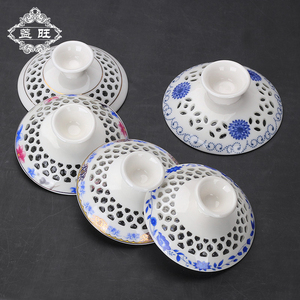 陶瓷盖碗单盖子泡茶杯玲珑茶碗青瓷花茶具茶盖零配盖三才大号白瓷