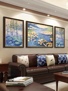 纯手绘油画莫奈睡莲客厅装饰画横幅三联画现代风景沙发背景墙挂画