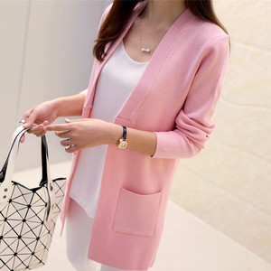 春装新款韩版女装披肩纯色修身口袋开衫针织衫中长款加厚毛衣外套